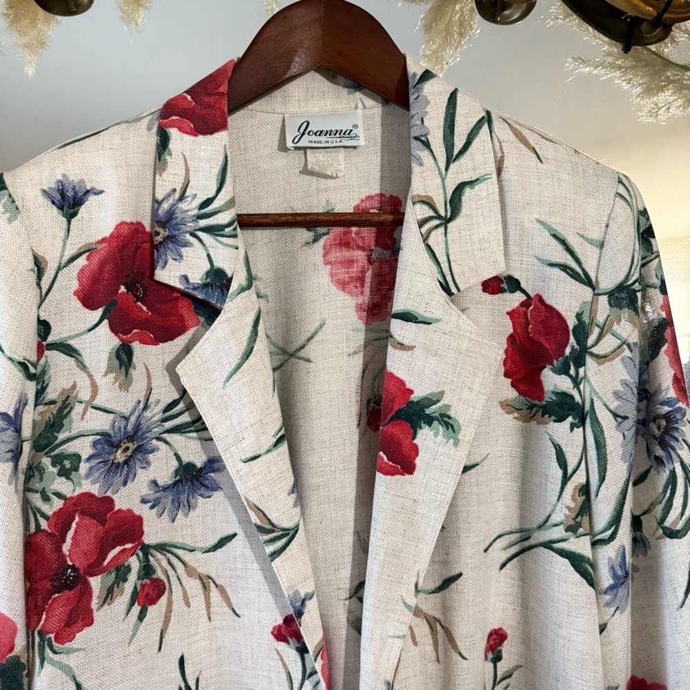 Joanna Vintage Cream Floral Rose Blazer with Shoulder Pads & Pockets Made in USA - Picture 2 of 8